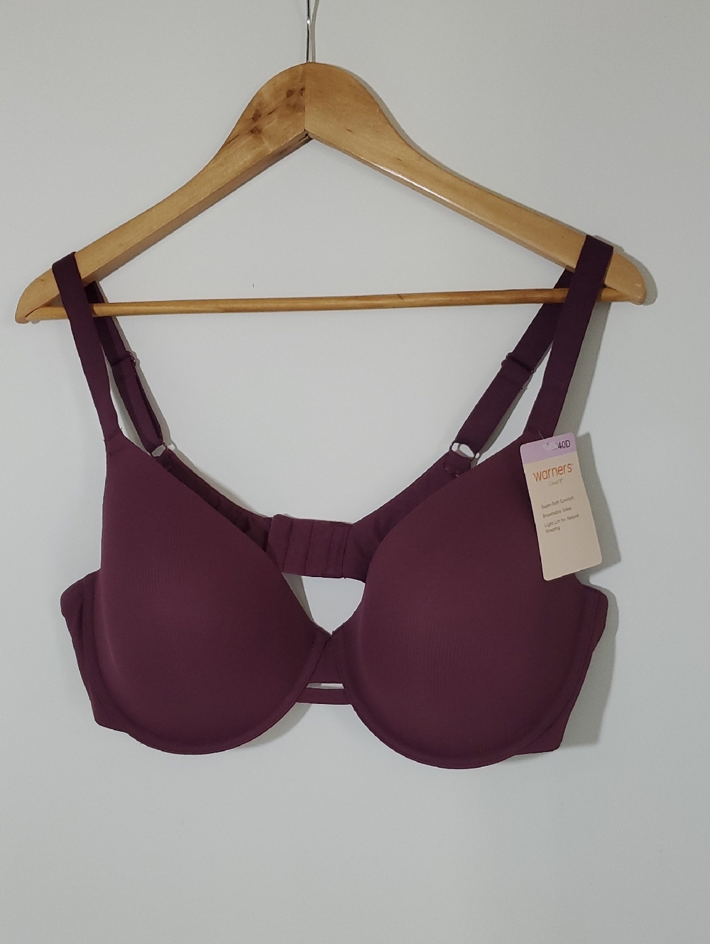 Warner's Cloud 9 Super Soft Ribbed Underwire with Lift Bra Burgundy Size 40D NWT